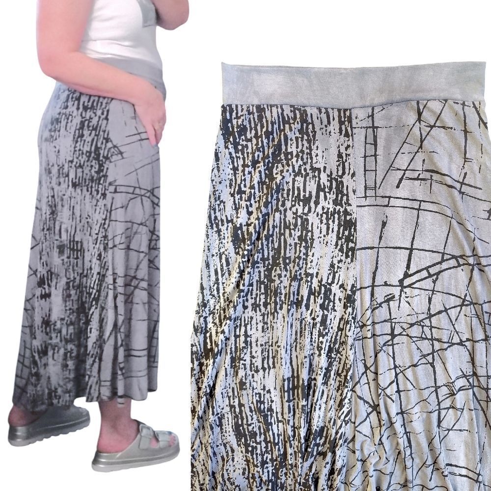 VTG Y2K Grey Black Abstract Print High Low Grunge Fairycore Midi Skirt‎ Large - Picture 9 of 10
